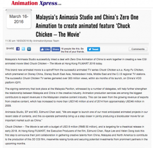 MALAYSIA ANIMASIA STUDIO AND CHINA ZERO ONE ANIMATION TO CREATE ANIMATED FEATURE CHUCK CHICKEN – THE MOVIE - Article
