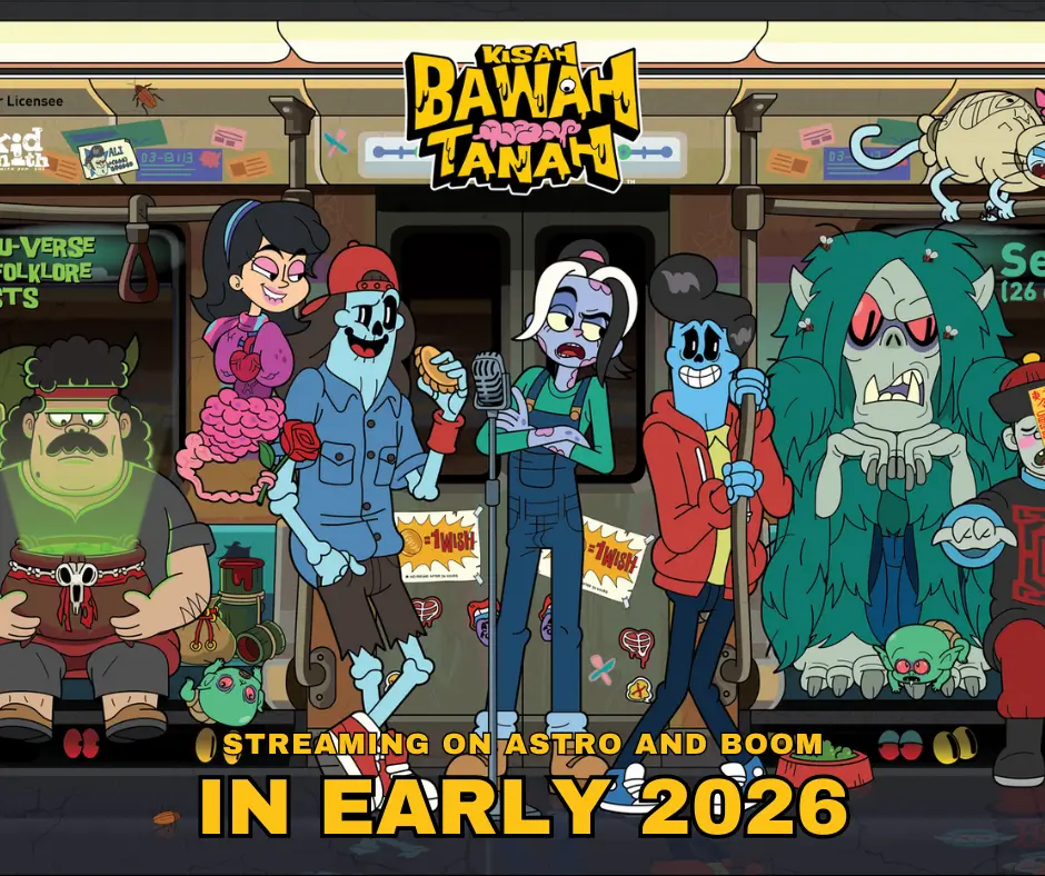 Promotional artwork for Kisah Bawah Tanah showing a group of animated underground characters standing inside a subway train, with the series logo above and the text “Streaming on Astro and Boom in Early 2026” displayed at the bottom.