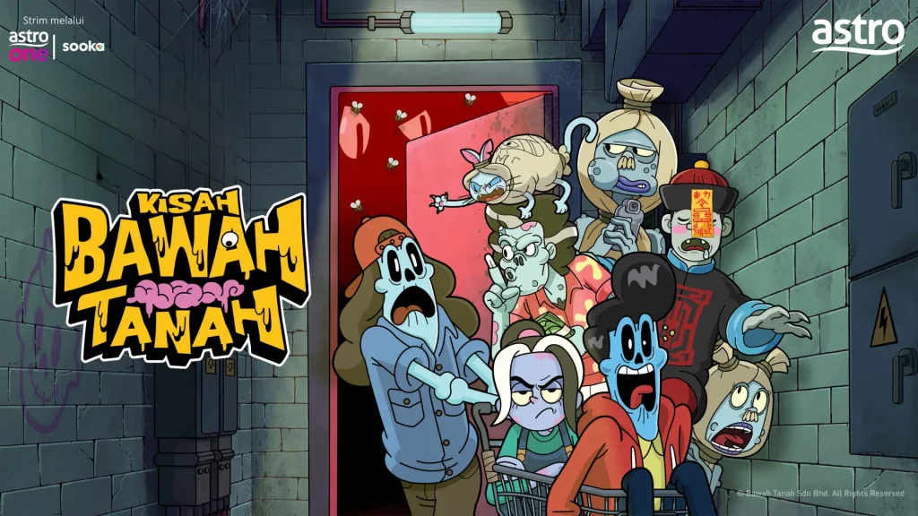 Promotional artwork for Kisah Bawah Tanah featuring a group of animated zombie characters bursting out of a red-lit underground doorway, with Astro One and Sooka logos displayed in the corners.