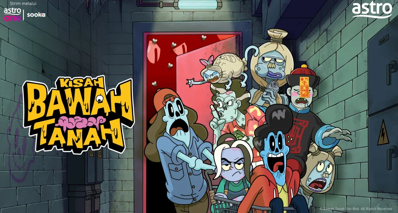 Promotional artwork for Kisah Bawah Tanah featuring a group of animated zombie characters bursting out of a red-lit underground doorway, with Astro One and Sooka logos displayed in the corners.