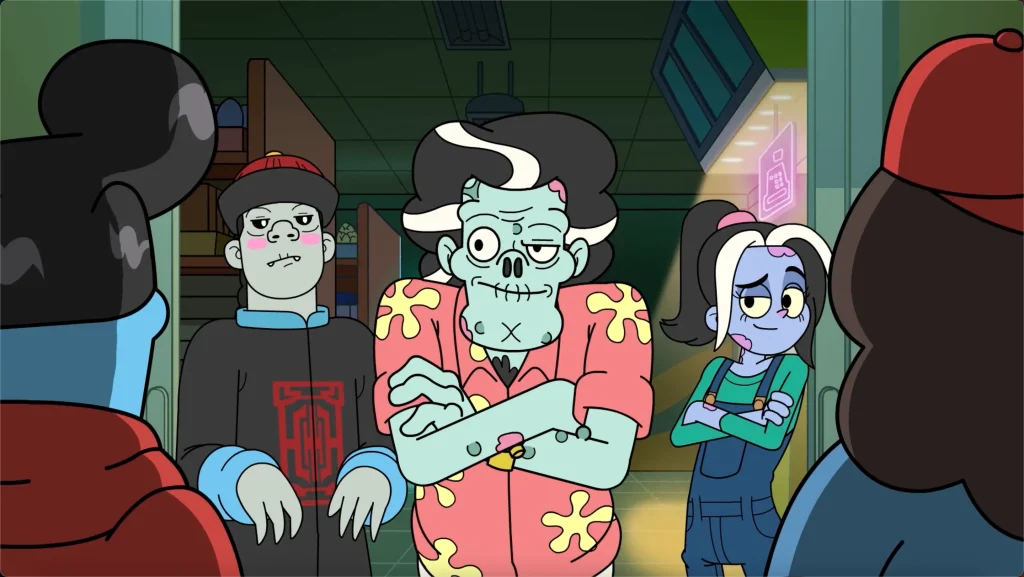 Several underground characters stand in a dimly lit mart corridor, staring suspiciously at Zack and Sam as tension builds in the scene.