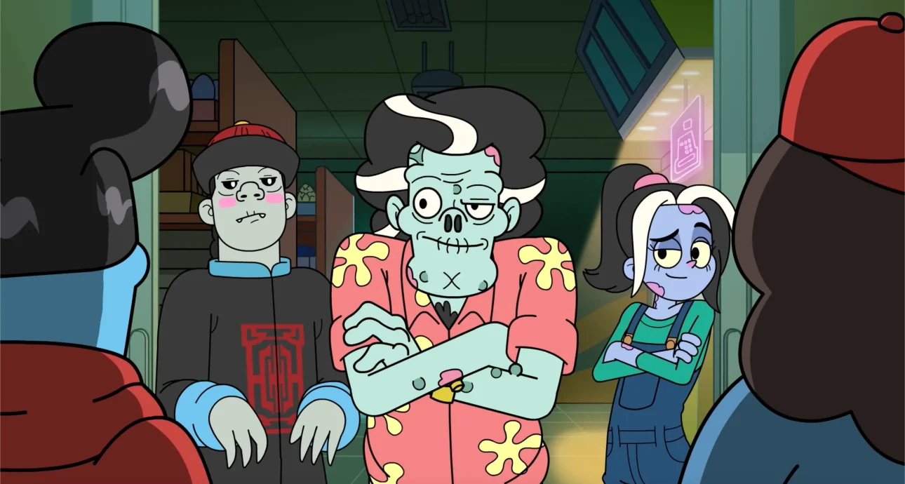 Several underground characters stand in a dimly lit mart corridor, staring suspiciously at Zack and Sam as tension builds in the scene.