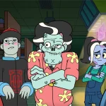 Several underground characters stand in a dimly lit mart corridor, staring suspiciously at Zack and Sam as tension builds in the scene.